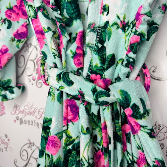 Betsy Johnson robe ruffle frilly trim floral neon blue green purple pink tie up - Picture 3 of 10